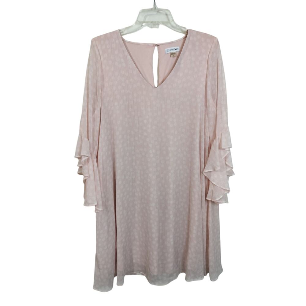 3861) Calvin Klein Pink Creamy Polka dot Flutter Sleeve Mini Chiffon Dress Sz 12